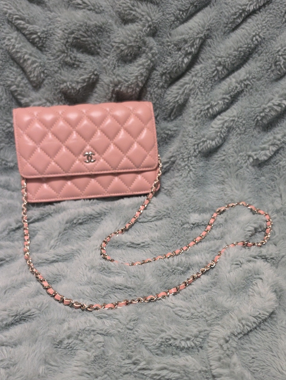Designer Inspired Quilted Pink Leather Crossbody Wallet with Chain